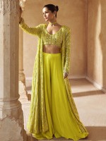 Neon Yellow Real Georgette Shrug Style Lehenga Choli